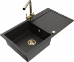 Granitinė virtuvinė plautuvė Mexen Leo su mai&scaron;ytuvu ir sifonu, Metallic black/gold+Gold