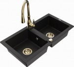 Granitinė virtuvinė plautuvė Mexen Mario su mai&scaron;ytuvu ir sifonu, Black+Gold