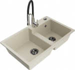 Granitinė virtuvinė plautuvė Mexen Tomas su mai&scaron;ytuvu ir sifonu, Beige+Black/Chrome