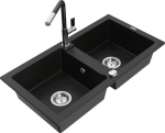 Granitinė virtuvinė plautuvė Mexen Mario su mai&scaron;ytuvu ir sifonu, Black+Black/Chrome