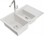 Granitinė virtuvinė plautuvė Mexen Gaspar su mai&scaron;ytuvu ir sifonu, White+Grey/Chrome