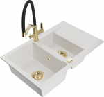 Granitinė virtuvinė plautuvė Mexen Gaspar su mai&scaron;ytuvu ir sifonu, White+Black/Gold