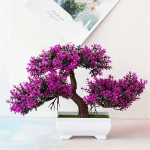 Dirbtinis bonsai medelis mažame vazone namų dekorui.,  Violetinė Raudona