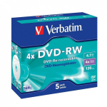 "verbatim dvd-rw", matinis sidabrinis, 43285, 4,7 gb, 4x, dėžutė su brangakmeniais, 5 vnt., be spausdinimo galimybės, 12 cm, skirtas duomenų archyvavimui