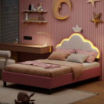 Vaiki&scaron;ka lova su LED ap&scaron;vietimu, reguliuojamo auk&scaron;čio karūnos formos galvūgalis ir grotelių rėmas, 140 x 200 cm, rožinis aksominis audinys, be čiužinio