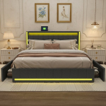 Dvigulė lova 160 x 200 cm su LED ir USB, Mink&scaron;ta lova su daiktadėže, 4 stalčiais ir galvūgaliu su skyrimi, aksominė, pilka
