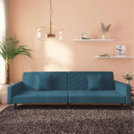 Dvivietė sofa-lova su dvejomis pagalvėmis, mėlyna, aksomas