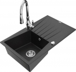 Granitinė virtuvinė plautuvė Mexen Cesar su mai&scaron;ytuvu ir sifonu, Metallic black/silver/chrome