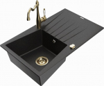 Granitinė virtuvinė plautuvė Mexen Cesar su mai&scaron;ytuvu ir sifonu, Metallic black/silver/gold