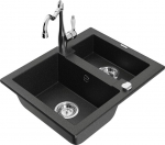 Granitinė virtuvinė plautuvė Mexen Carlos su mai&scaron;ytuvu ir sifonu, Metallic black/Silver/Chrome
