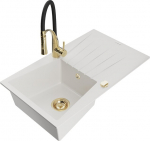 Granitinė virtuvinė plautuvė Mexen Cesar su mai&scaron;ytuvu ir sifonu, White/Black/Gold