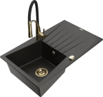 Granitinė virtuvinė plautuvė Mexen Cesar su mai&scaron;ytuvu ir sifonu, Metallic black/gold/black/gold