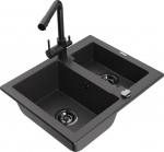Granitinė virtuvinė plautuvė Mexen Carlos su mai&scaron;ytuvu ir sifonu, Black granite+Black