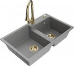 Granitinė virtuvinė plautuvė Mexen Tomas su mai&scaron;ytuvu ir sifonu, Grey/Gold