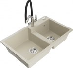 Granitinė virtuvinė plautuvė Mexen Tomas su mai&scaron;ytuvu ir sifonu, Beige/Black/Chrome