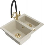 Granitinė virtuvinė plautuvė Mexen Carlos su mai&scaron;ytuvu ir sifonu, Beige+Black/Gold