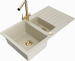Granitinė virtuvinė plautuvė Mexen Matias su mai&scaron;ytuvu ir sifonu, Beige/Gold