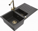Granitinė virtuvinė plautuvė Mexen Matias su mai&scaron;ytuvu ir sifonu, Black granite/Gold