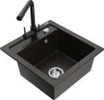 Granitinė virtuvinė plautuvė Mexen Vito su mai&scaron;ytuvu ir sifonu, Metallic black/gold+Black