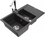 Granitinė virtuvinė plautuvė Mexen Gaspar su mai&scaron;ytuvu ir sifonu, Black granite/Chrome