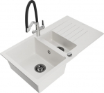 Granitinė virtuvinė plautuvė Mexen Matias su mai&scaron;ytuvu ir sifonu, White/Black/Chrome