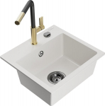 Granitinė virtuvinė plautuvė Mexen Milo su mai&scaron;ytuvu ir sifonu, White/Black/Gold