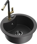 Granitinė virtuvinė plautuvė Mexen Diego su mai&scaron;ytuvu ir sifonu, Black granite/Black/Gold
