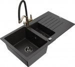 Granitinė virtuvinė plautuvė Mexen Matias su mai&scaron;ytuvu ir sifonu, Metallic black/Silver/Black/Gold