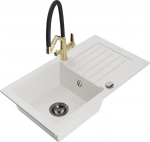 Granitinė virtuvinė plautuvė Mexen Pablo su mai&scaron;ytuvu ir sifonu, White+Black/Gold