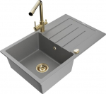 Granitinė virtuvinė plautuvė Mexen Bruno su mai&scaron;ytuvu ir sifonu, Grey/Gold