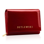 Maža moteri&scaron;ka piniginė, Betlewski, Royal, natūrali lakuota oda, raudona spalva, 13 x 9,2 x 3,8 cm, RFID technologija