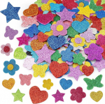 Putplasčio lipdukai su blizgučiais: žvaigždės, &scaron;irdelės, drugeliai, gėlės
