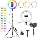 RGB žiedinė lempa su trikojo stovu, 242cm telefono laikiklio žiedinė &scaron;viesa, fotografijos žiedinė lempa, makiažo lemputė, vaizdo įra&scaron;ų ap&scaron;vietimo lempa.