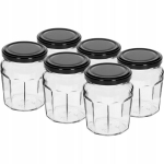 6 x 230ml stiklainiai su juodais dangteliais konservams