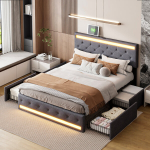 Lova 140 x 200 cm, su LED, USB, pilka lininė