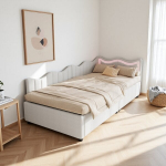 Sofa-lova 90x200 cm, su LED ap&scaron;vietimu, grotelių pagrindu, pliu&scaron;iniu me&scaron;kiuko audiniu, balta