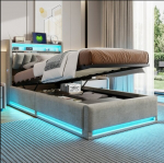 Lova 90&times;200CM, viengulė lova, su LED ap&scaron;vietimu ir USB sąsaja, hidrauliniu pakėlimo mechanizmu, pilka, aksominė
