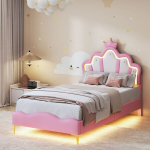 Vaiki&scaron;ka lova 90 x 200 cm, apmu&scaron;ta lova su LED ap&scaron;vietimu, princesės karūnos formos, rožinė PU