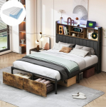 Lova 160 &times; 200 cm, su čiužiniu, LED ap&scaron;vietimu ir USB jungtimi, dviem stalčiais, grotelių lovos rėmas, ruda
