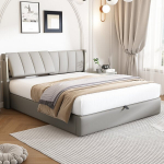 Polsteriuota lova 140x200 cm, LED, USB, hidraulinė, PU, reguliuojamas galvūgalis, pilka