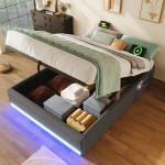 Polsteriuota lova 90x200 cm su LED, USB, Type-C, saugykla, be čiužinio, pilka