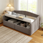 Polsterinė sofa-lova 90x200 cm, hidraulinė, su stalčiais, pilka