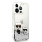 Karl Lagerfeld Liquid Glitter Karl and Choupette Case, skirtas iPhone 13 Pro Max, sidabrinis