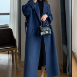 (xxxL-Navy) Rudens žiemos moterų vilnonio audinio paltas &scaron;iltas, ilgas, dvieilis tamsiai mėlynas, moteri&scaron;kas eleganti&scaron;kas vir&scaron;utinis drabužis, laisvo diržo paltas