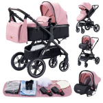 YAZOCO - 3 in 1 kūdikio vežimėlis, kombinuotas automobilio sėdynė, lop&scaron;ys, trijų dalių, apverčiamas, reguliuojamas, auk&scaron;tos kokybės, nepraduriančios padangos, rožinė