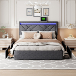Lova 160 &times; 200 cm,Su keturiais stalčiais, galvūgaliu su LED ap&scaron;vietimu ir USB jungtimi, tamsiai pilka