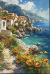 Tapyba pagal numerius 40x50 cm &ndash; Viduržemio jūros pakrantės miestelis, auk&scaron;tos kokybės dažai, be rėmelio.
