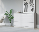 Komoda 3xEliving DEMI su 6 stalčiais, 140 cm, spalva: Baltas/baltas blizgesys