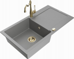 Granitinė virtuvinė plautuvė Mexen Leo su mai&scaron;ytuvu ir sifonu, Grey+Gold