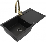 Granitinė virtuvinė plautuvė Mexen Leo su mai&scaron;ytuvu ir sifonu, Black+Gold